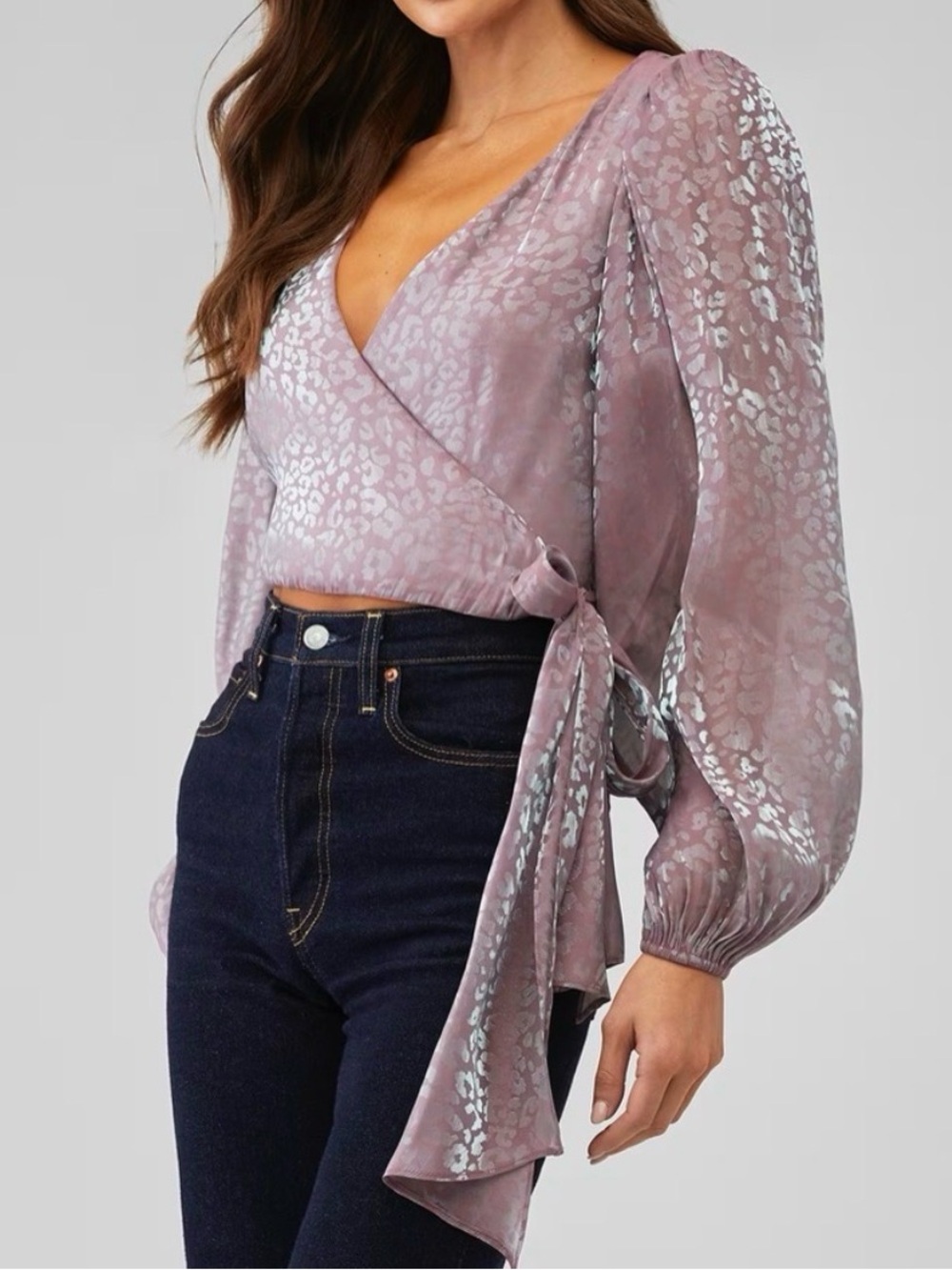 Show Me Your MuMu Metallic Dusty Mauve Wrap Blouse sz XS NWT